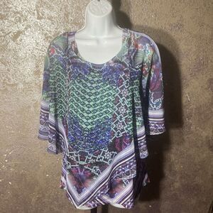 World Unity Purple Geometric Handkerchief Hem Semi Sheer Overlay Top M